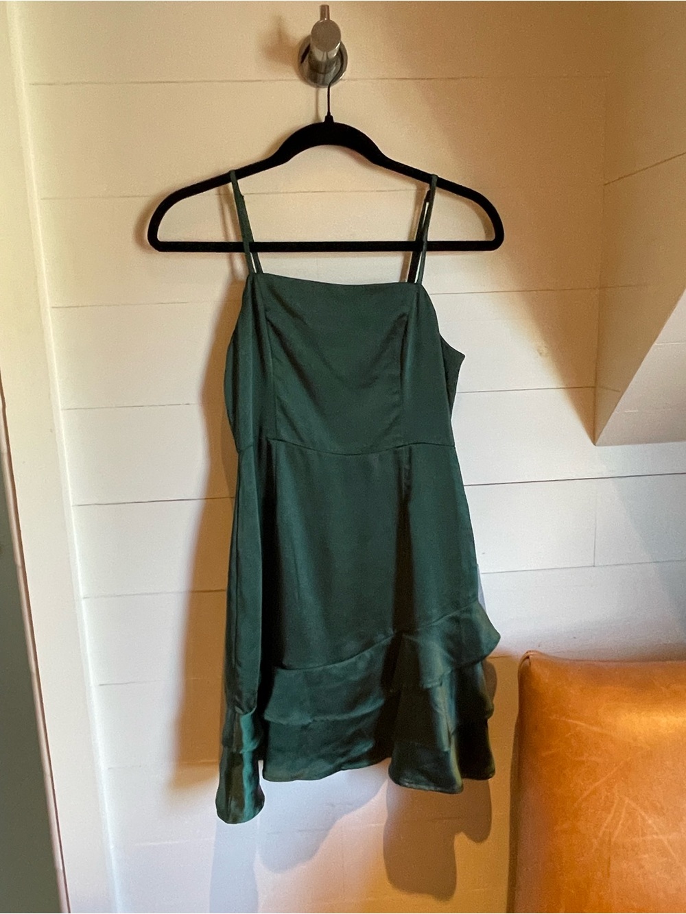 Lulu's Emerald Green Satin Slip Dress with Ruffled Hem